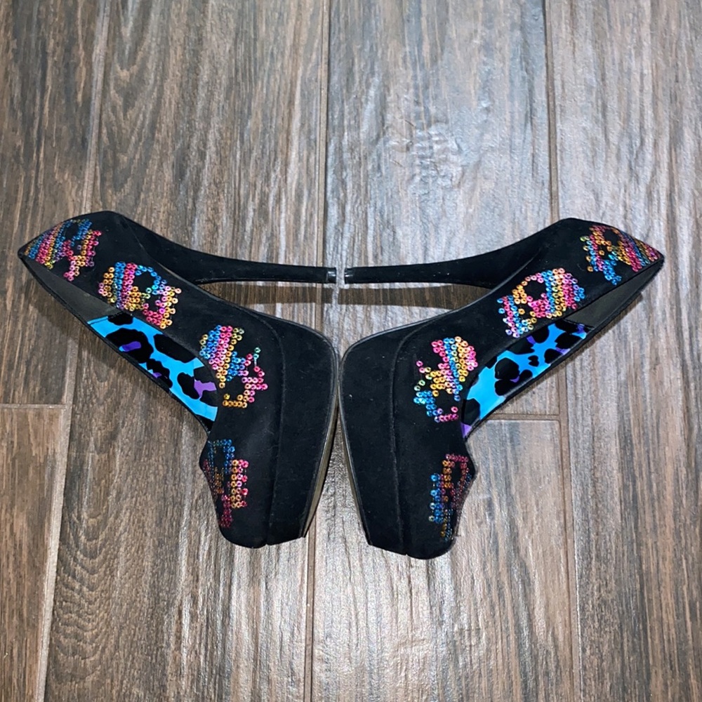 COPY - Iron Fist sequins colorful sugarskull suede platform round toe heels - Picture 5 of 10